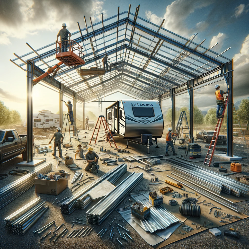Showcasing the construction process of an RV camper carport.