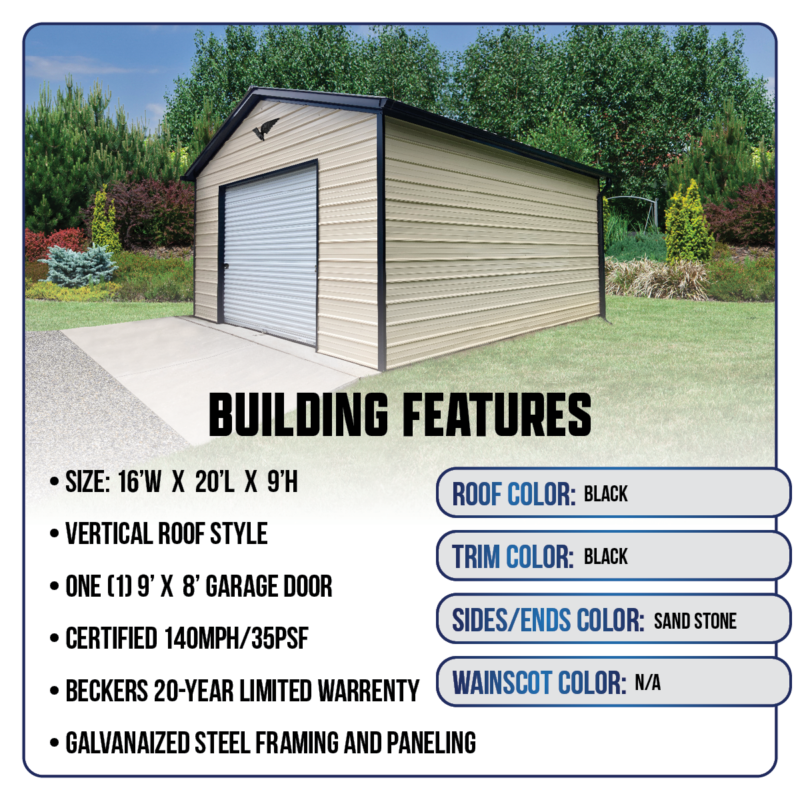 16' x 20' x 9' Metal Shed