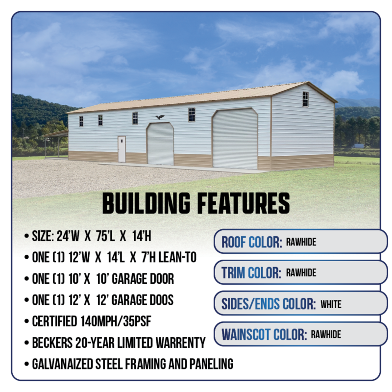 24' x 75' x 14' Custom Metal Workshop, carport, metal building