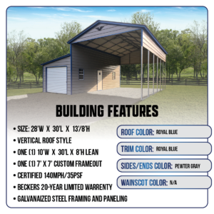 28' x 30' x 13'/8' Carport with Lean-To