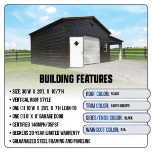 30' x 20' x 10'/7' Garage with Lean-To