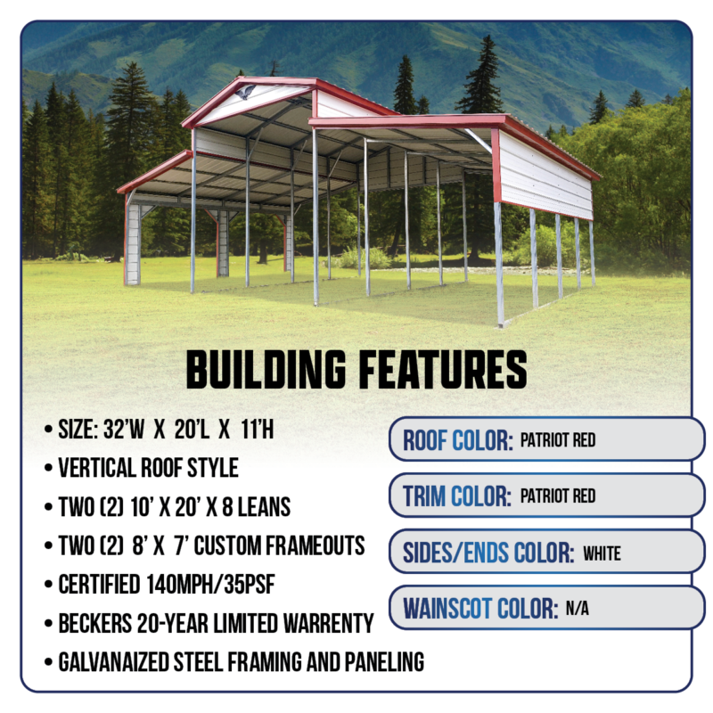 32' x 20' x 12'/8' Barn-Style Carport