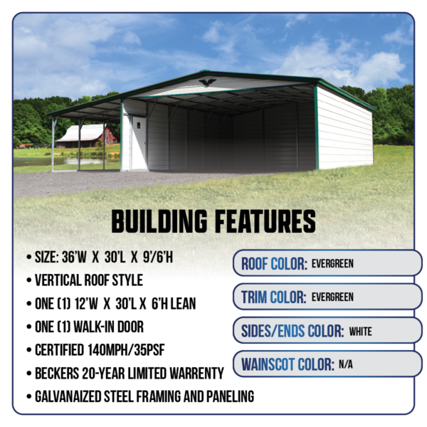 36' x 30' x 9'/6' Shed with Lean-To