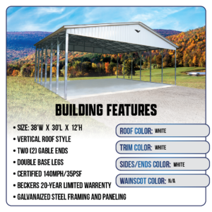 38' x 30' x 12' Commercial Carport