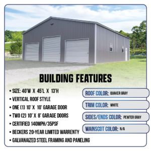 40' x 45' x 13' 3-Bay Metal Garage