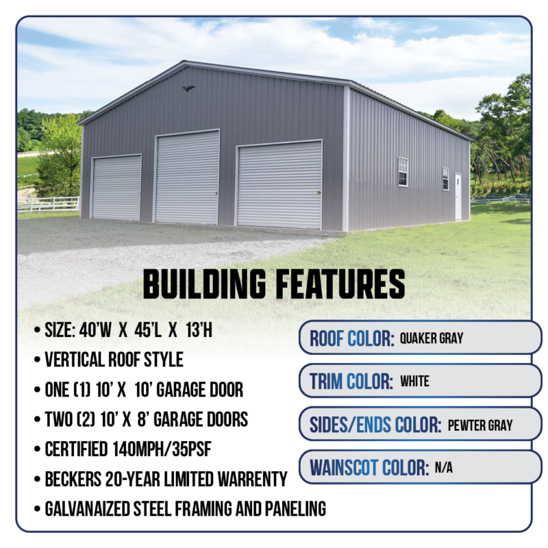 40' x 45' x 13' 3-Bay Metal Garage
