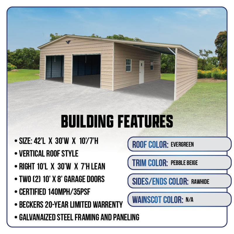 42' x 30' x 10'/7' Garage with Lean-To