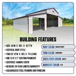 44' x 30' x 12'/7' Metal Horse Barn