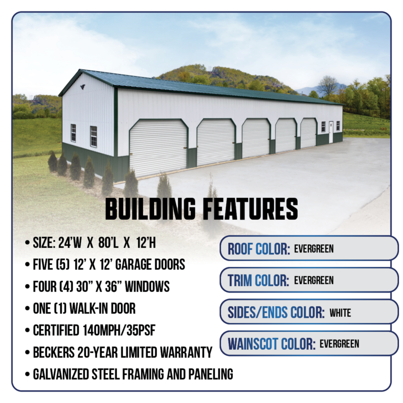24' x 80' x 12'  5-Bay Metal Garage - Image 2