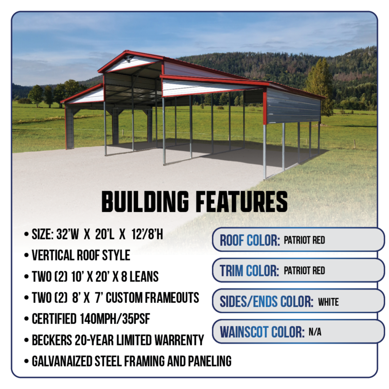 32' x 20' x 12'/8'  Barn-Style Carport - Image 7