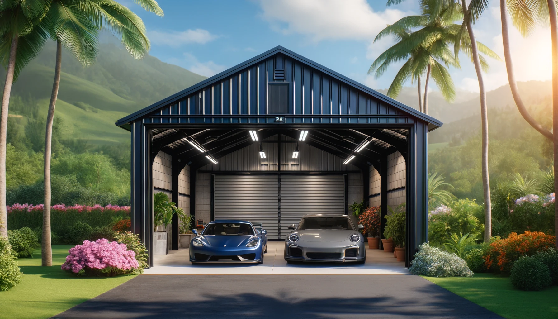 2 car garage, metal building, carport