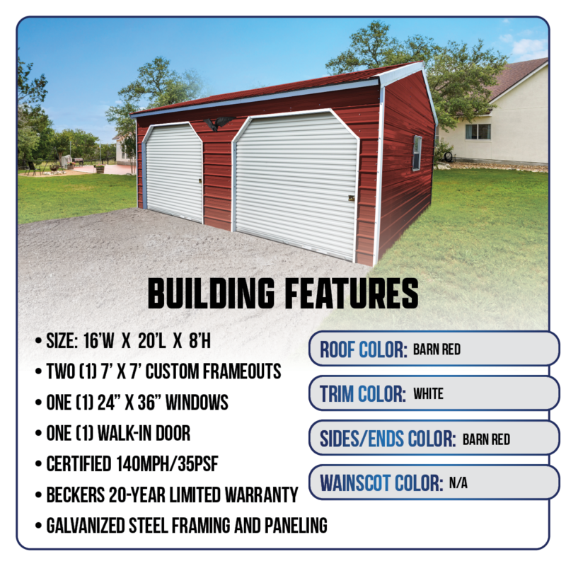 16' x 20' x 8' Double Metal Garage