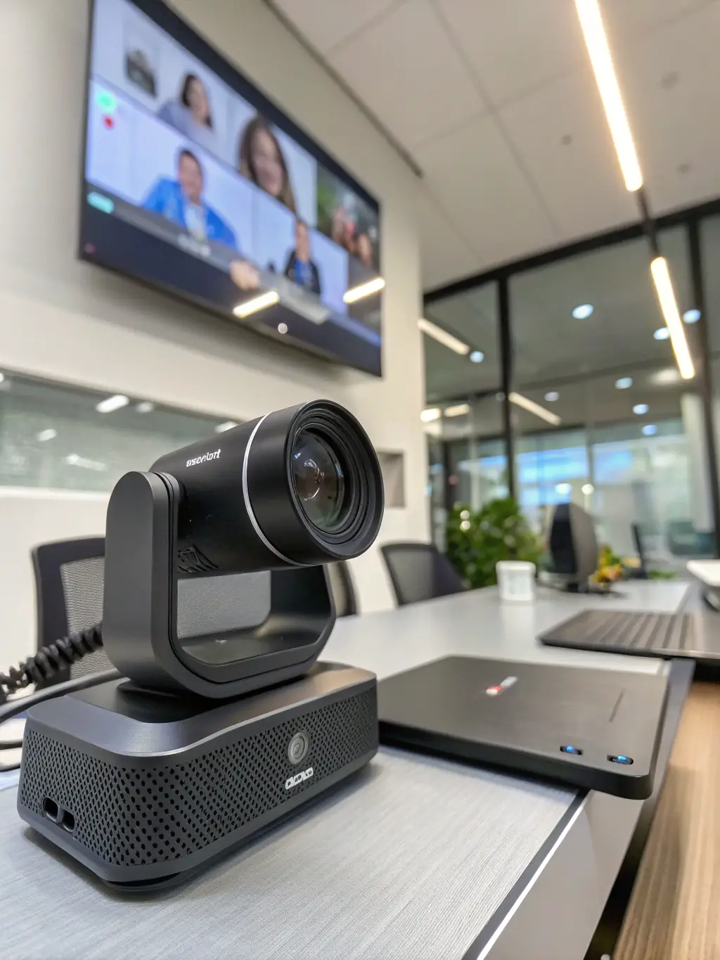 A detailed image of a high-definition webcam with a built-in microphone, placed on top of a computer monitor in a well-lit home office setup.