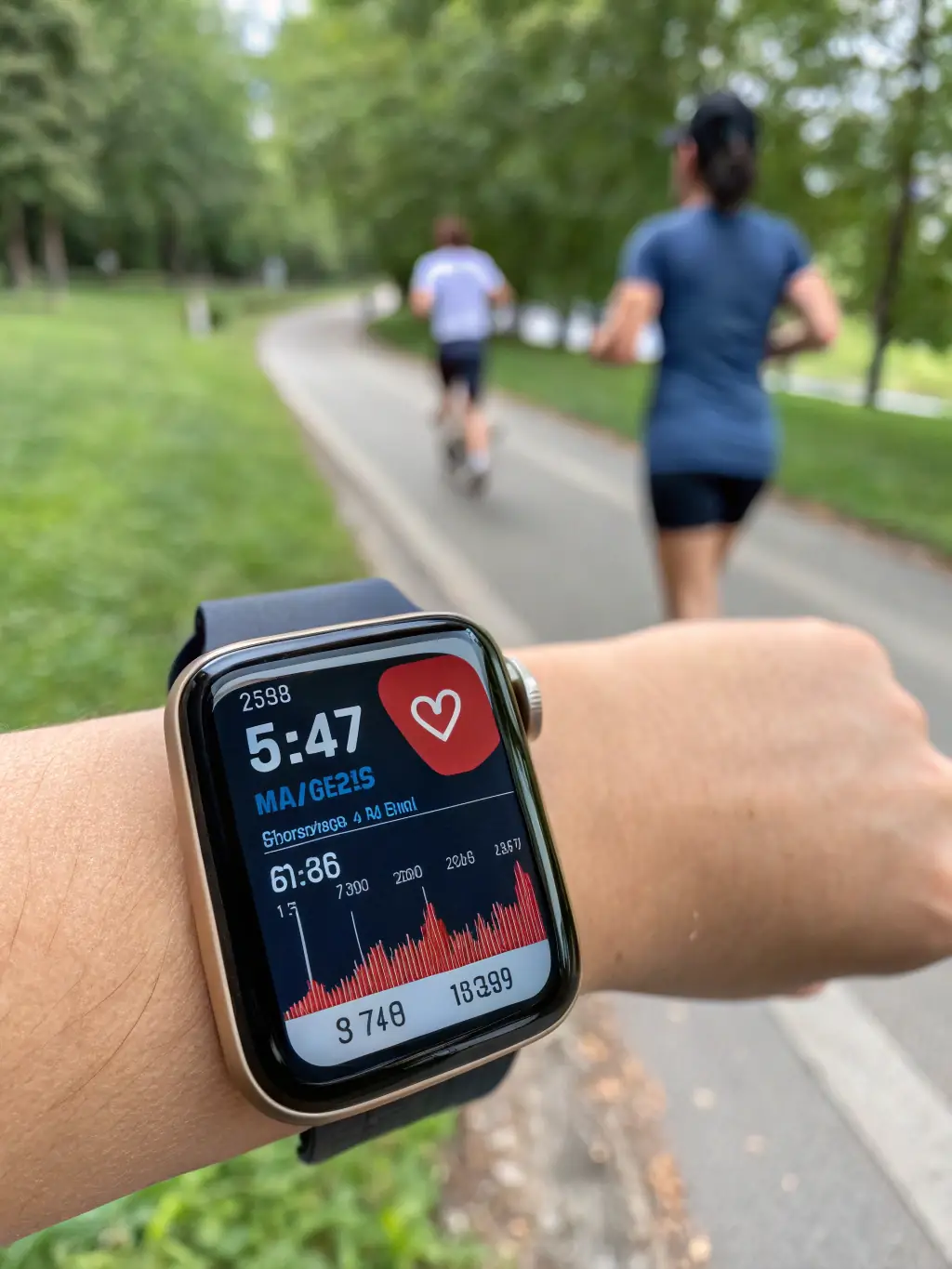A close-up shot of a stylish smartwatch with a vibrant display showing fitness tracking data, set against a blurred background of a person jogging in a park.
